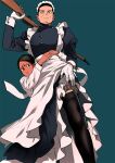  2boys black_eyes black_hair black_legwear blue_background dark-skinned_male dark_skin facial_hair gloves golden_kamuy gun holster hug hug_from_behind juliet_sleeves koito_otonoshin lifted_by_self long_sleeves looking_at_viewer maid maid_headdress multiple_boys over_shoulder puffy_sleeves rifle shirt simple_background standing stubble thigh-highs thigh_holster tr_(lauralauraluara) tsukishima_hajime weapon white_gloves white_shirt 