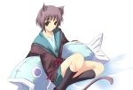  1girl animal_ears brown_eyes cat_ears cat_tail fish grey_hair kneehighs nagato_yuki satomi school_uniform serafuku short_hair simple_background solo stuffed_animal stuffed_toy suzumiya_haruhi_no_yuuutsu tail 