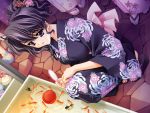  1girl black_hair carnelian dutch_angle ena ena_(quilt) feet fish floral_print game_cg goldfish japanese_clothes kimono quilt quilt_(game) sandals solo toes violet_eyes 