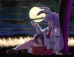  2girls against_tree animal_ears arm_support blush_stickers closed_eyes clouds female full_moon inaba_tewi jpeg_artifacts lap_pillow looking_away moon multiple_girls night outstretched_hand profile rabbit_ears reisen_udongein_inaba shirt skirt sleeping smile socks touhou tree tsuyadashi_shuuji 