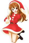  1girl :d asahina_mikuru belt belt_buckle boots brown_hair buckle christmas cute full_body fur_trim hat juliet_sleeves jumping kadokawa_shoten kyoto_animation long_hair long_sleeves looking_at_viewer michii_yuuki moe open_mouth puffy_sleeves red_eyes sack santa_costume santa_hat simple_background skirt smile solo suzumiya_haruhi_no_yuuutsu white_background 