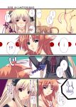  2girls ;d arf blonde_hair blush comic directional_arrow fate_testarossa green_eyes head_out_of_frame ichino lyrical_nanoha mahou_shoujo_lyrical_nanoha mahou_shoujo_lyrical_nanoha_a&#039;s mahou_shoujo_lyrical_nanoha_strikers multiple_girls one_eye_closed open_mouth orange_hair parted_lips sidelocks smile talking text translation_request upper_body violet_eyes 