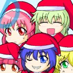  5girls ;d bangs behoimi blue_eyes blue_hair blunt_bangs face green_eyes grin hat kurusu_yuzuko looking_at_viewer lowres media miyata_akira multiple_girls one_eye_closed open_mouth pani_poni_dash! pink_hair red_eyes santa_hat serizawa_akane short_hair smile sweatdrop teeth upper_body 