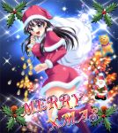  1girl :d black_hair blue_eyes boots breasts capelet christmas coin dress erect_nipples hat holly large_breasts long_hair merry_christmas open_mouth original pooh sack santa_claus santa_costume santa_hat short_dress smile solo sparkle winnie_the_pooh 