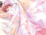  1boy 1girl airi_(quilt) blush bridal_veil bride carnelian closed_eyes couple dress flower formal game_cg glomp happy hetero hug petals pink_rose quilt quilt_(game) red_eyes redhead rose smile takumi_(quilt) veil wedding wedding_dress 