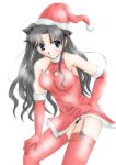  1girl bare_shoulders black_hair blue_eyes christmas elbow_gloves fate/stay_night fate_(series) garter_belt gloves halterneck hat lingerie long_hair red_gloves santa_hat solo thigh-highs tohsaka_rin twintails two_side_up underwear upskirt 