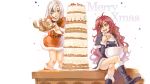  2girls blue_eyes boots cake christmas food legs_crossed long_hair multiple_girls open_mouth original pastry redhead sitting white_hair yamamoto_yamato yellow_eyes 