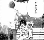  2boys bags_under_eyes death_note l_(death_note) light lowres male_focus monochrome multiple_boys nature outdoors parody propositioning yagami_light yaranaika 
