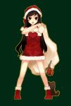  1girl brown_eyes brown_hair christmas full_body gift green_background haruse_hiroki hat heart long_hair looking_at_viewer open_mouth original outline sack santa_costume santa_hat simple_background solo standing stuffed_animal stuffed_toy teddy_bear 