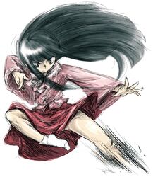  1girl action angry black_hair e-rine-rin female fighting_stance flying_kick footwear frills houraisan_kaguya kicking long_hair motion_blur sketch socks solo touhou 