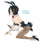  1girl animal_ears black_hair blush bow bowtie bunny_girl bunny_tail bunnysuit dated eyebrows_visible_through_hair fake_animal_ears fake_tail fishnet_legwear fishnet_pantyhose fishnets holding holding_weapon kunai kusada looking_at_viewer open_mouth original pantyhose rabbit_ears red_bow red_bowtie red_eyes seiza sitting smile solo tail teeth weapon wrist_cuffs 