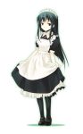  1girl apron black_eyes black_hair bow dasoku_sentarou gradient gradient_background long_hair maid maid_apron maid_headdress mary_janes ribbon shoes solo thigh-highs 