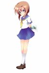  1girl billhook brown_hair full_body hatchet higurashi_no_naku_koro_ni mei pleated_skirt ryuuguu_rena school_uniform shoes skirt smile socks solo subaru_(yachika) violet_eyes weapon white_background 