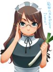  1girl adjusting_glasses brown_hair glasses headdress maid mitsuba_minoru solo spring_onion 