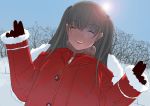  1girl backlighting bangs bare_tree black_gloves black_hair blush closed_eyes coat facing_viewer fur_trim gloves kiriman_(souldeep) leaning_to_the_side lens_flare long_hair open_mouth original outdoors red_coat sky smile snow solo sun tree turtleneck two_side_up upper_body v winter winter_clothes 