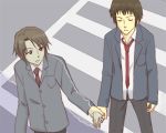  2boys crosswalk hand_holding koizumi_itsuki kyon lowres male_focus multiple_boys school_uniform serafuku suzumiya_haruhi_no_yuuutsu 