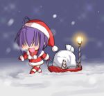  1girl ahoge chibi christmas hair_over_eyes hat kasuga_yukihito mahou_sensei_negima! miyazaki_nodoka outdoors purple_hair santa_costume santa_hat sled snow solo source walking 
