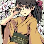  adjusting_glasses cherry_blossoms glasses japanese_clothes kimono kishida_mel lowres oekaki 