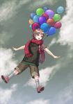  balloon brown_eyes brown_hair footwear kishida_mel open_mouth scarf shorts sky smile socks 