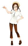  1girl ;) a1 beret braid brown_hair clothes_writing full_body glasses hat loafers looking_at_viewer one_eye_closed original pants platform_footwear pointing shirt shoes short_hair short_sleeves simple_background smile solo twin_braids white_background white_shirt wink 