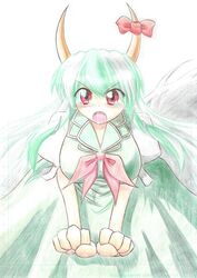  1girl breasts ex-keine female horn_ribbon horns kamishirasawa_keine ribbon solo touhou white_background 