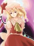  1girl ascot blonde_hair closed_mouth collarbone fang_out female flandre_scarlet frills hat hat_ribbon looking_at_viewer mob_cap nanami_sano puffy_short_sleeves puffy_sleeves red_eyes red_ribbon red_skirt ribbon short_sleeves side_ponytail skirt skirt_set solo touhou vest wings 