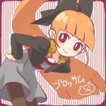  1girl akazutsumi_momoko bangs bent_over black_legwear blunt_bangs blush bow contemporary dress fur_collar fur_trim hair_bow hands_on_hips hyper_blossom jacket jewelry leaning_forward long_hair long_sleeves looking_at_viewer lowres necklace open_clothes open_jacket orange_hair pantyhose ponytail powerpuff_girls powerpuff_girls_z red_eyes smile solo striped striped_background thigh-highs very_long_hair 