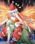  2girls christmas ex-keine female fiery_wings fire fujiwara_no_mokou horn_grab kamishirasawa_keine multiple_girls riding santa_costume touhou 