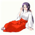  1girl adjusting_glasses arm_support bangs breasts glasses hair_ribbon hakama japanese_clothes large_breasts long_hair looking_at_viewer low_ponytail mekata_nui miko new_year original parted_bangs parted_lips purple_hair red-framed_eyewear red-framed_glasses red_hakama ribbon sandals semi-rimless_glasses simple_background sitting smile solo tabi under-rim_glasses violet_eyes white_background white_legwear yaso_shigeru 
