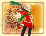  1girl blonde_hair christmas fate/stay_night fate_(series) female indoors jacket merry_christmas! pantyhose red_jacket red_skirt saber scarf skirt smile solo standing tree x-mas 