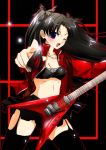  1girl black_hair blue_eyes breasts earrings fate/stay_night fate_(series) flying_v guitar instrument jewelry lingerie long_hair mikami_mika open_mouth plectrum skirt solo thigh-highs tohsaka_rin underwear 