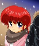  1girl blue_eyes blush braid female genderswap genderswap_(mtf) kj_(k777) ranma-chan ranma_1/2 redhead saotome_ranma single_braid smile snow snow_(weather) snowing solo_focus 