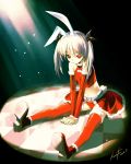  1girl animal_ears belt boots bow breasts christmas elbow_gloves gloves kawata_hisashi legs md5_mismatch midriff panties rabbit_ears red_eyes red_legwear red_panties shoes signature sitting skirt small_breasts snow snowing solo thigh-highs underwear 
