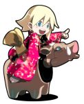  1girl blonde_hair blue_eyes blush_stickers boar japanese_clothes kei_(keigarou) kimono lowres new_year open_mouth pointing riding simple_background solo white_background 