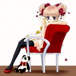  1girl blonde_hair blue_eyes chair dress flower hair_flower kuroda_bb looking_at_viewer original panda sitting solo thigh-highs 