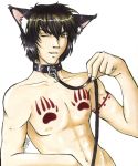  1boy animal_ears bodypaint brown_eyes brown_hair cat_ears cat_tail collar leash male_focus muscle one_eye_closed solo tail tattoo topless wink 