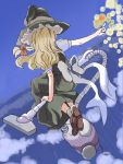  1girl back blonde_hair clouds cx female floating_hair flying from_behind hat kirisame_marisa lowres magic nanami_sano sidesaddle sky solo tank_top touhou twintails vacuum_cleaner witch_hat 