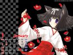  00s 1girl 2007 animal_ears black_background black_hair calendar camellia_(flower) cat_ears checkered checkered_background choker expressionless flower hair_ribbon hakama highres january japanese_clothes miko nekoneko petals red_hakama ribbon ribbon-trimmed_sleeves ribbon_trim solo violet_eyes white_ribbon 