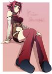  1girl bare_shoulders blue_eyes code_geass detached_sleeves headband kallen_stadtfeld kyo_(kuroichigo) long_sleeves navel red_legwear redhead sitting sleeveless sleeveless_turtleneck solo thigh-highs turtleneck 