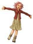  1girl alternate_costume avoid blush boots breasts cardigan dress dutch_angle fringe green_eyes haruno_sakura kobashi long_sleeves lowres naruto open_mouth outstretched_arms pink_hair print_dress shoes short_hair simple_background smile solo standing walking white_background white_boots 