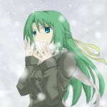  1girl aqua_eyes bow green_hair half_updo higurashi_no_naku_koro_ni jacket lowres ribbon scarf snow solo sonozaki_shion winter 