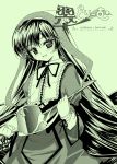  00s 1girl :d blush bonnet cowboy_shot dress frills green head_tilt holding lolita_fashion long_hair long_sleeves looking_at_viewer monochrome neck_ribbon open_mouth ribbon rozen_maiden simple_background smile solo suiseiseki tsukigami_runa very_long_hair watering_can 