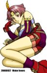  1girl ankle_boots ass bare_shoulders boots elbow_gloves faylen fingerless_gloves gensou_suikoden gensou_suikoden_v gloves head_rest kneehighs looking_at_viewer lying on_side pink_eyes pink_hair purple_gloves purple_legwear red_boots short_hair simple_background smile solo white_background 