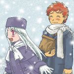  1boy 1girl brother_and_sister emiya_shirou fate/stay_night fate_(series) gloves hat illyasviel_von_einzbern lowres purple_hat red_eyes redhead scarf siblings snowing white_hair 