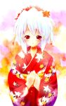  1girl blush flat_chest flower japanese_clothes kimono kotonomiya_yuki obi red_eyes saeki_touma sash smile solo suigetsu white_hair 