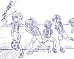  1girl ass ball full_body jersey kimi_kiss kozimaki looking_at_viewer monochrome ponytail purple running sakino_asuka shorts simple_background sketch soccer soccer_ball soccer_jersey soccer_uniform sportswear spread_legs white_background 