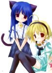  2girls animal_ears blonde_hair cat_ears furude_rika higurashi_no_naku_koro_ni houjou_satoko multiple_girls suspenders thigh-highs tororo 