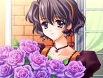  1girl black_hair blush bouquet brick_wall carnelian collarbone earrings ena ena_(quilt) flower flower_earrings game_cg hairband jewelry lipstick makeup necklace purple_rose quilt quilt_(game) rose short_hair smile solo upper_body violet_eyes 