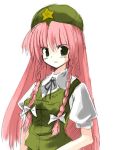  1girl braid female green_eyes hat hong_meiling long_hair redhead seo_tatsuya simple_background solo the_embodiment_of_scarlet_devil touhou twin_braids 