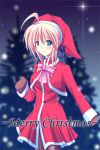  1girl blonde_hair blue_eyes bow christmas dress fate/stay_night fate_(series) female hat jacket merry_christmas mittens outdoors red_jacket saber santa_costume sky solo tree x-mas 